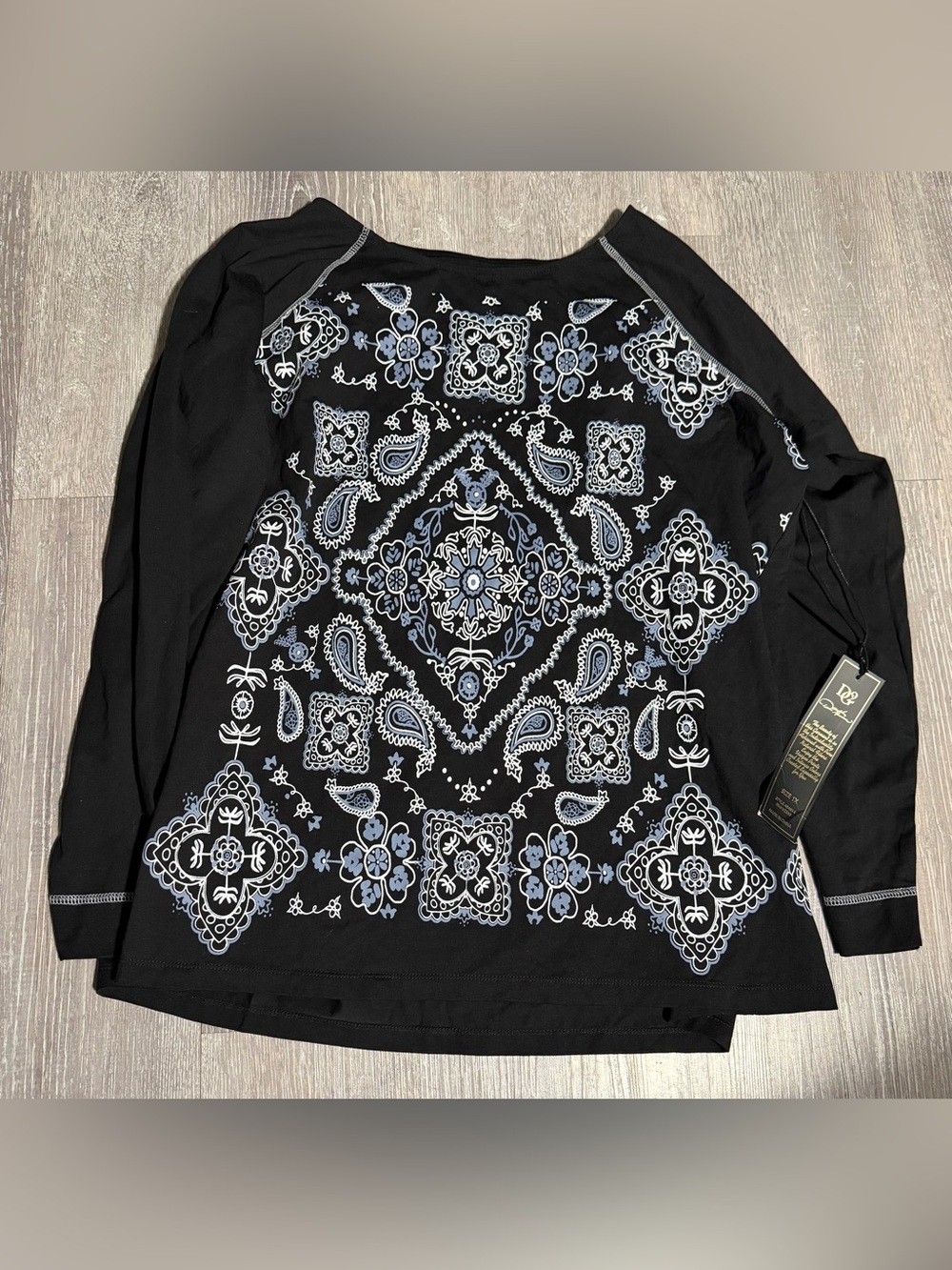 Black Long-Sleeve Tee with Blue & White Paisley Medallion Print